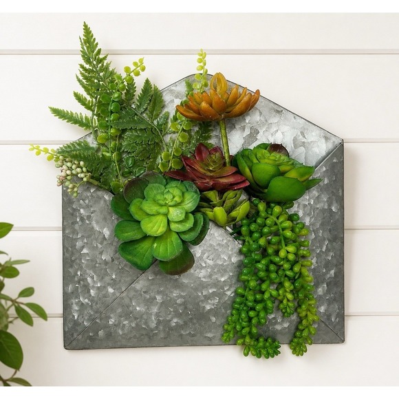 Hobby Lobby Other - Galvanized Metal Wall Pocket Planter Envelope w/ Faux Succulents Home Decor